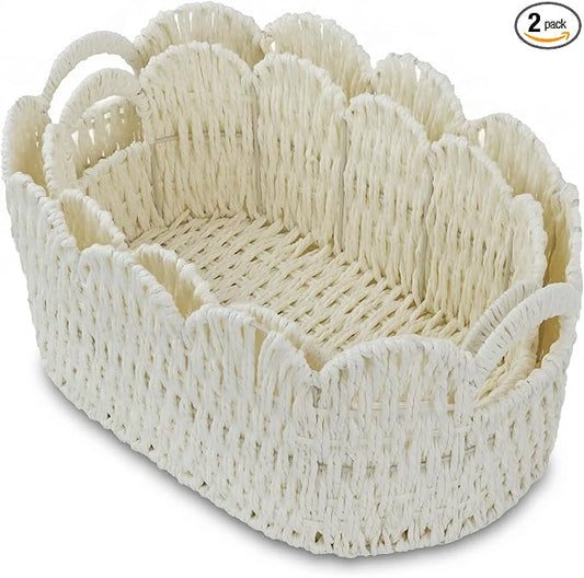 Coeusy Paper Rope Scalloped Basket Set of 2,Hand-woven Storage Baskets for Shelves,Nursery,Books,Toys,Cute Boho Decor Baskets for Organizing,White by WEAVECOMFORTINTOEVERYCORNER