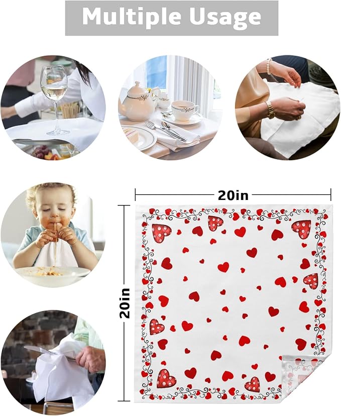 Valentines Cloth Napkins Set of 4, Red Love Heart Polka Dot Black Lace Dinner Napkins Cloth Washable, Cocktail Napkins Reusable for Wedding, Party, Birthday (20"x20") - Image 5