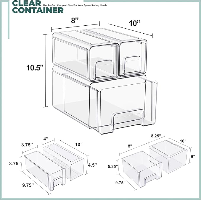 Sorbus 1 Large & 2 Small Clear Stackable Storage Drawers, Plastic Organizer Bins with Handles, Pull-Out Stackable Drawers for Bathroom Closet, Medicine, Cabinet, Pantry Storage, Baby Bottle Organizer - Image 3