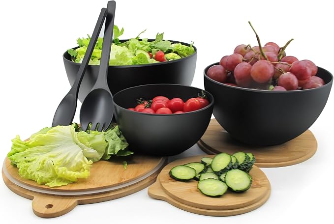 ECOWAY Salad Bowls Set of 3 with Seal Lid & Serving Utensils, Bamboo Fiber Mixing Bowls Set Large Serving Bowls & Storage Set with Bamboo Lid for Salad, Kitchen Eating, Pasta, Popcorn, Fruit, Black - Image 2