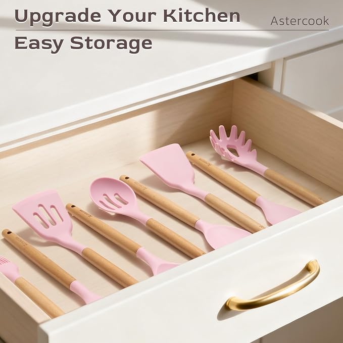 Astercook Kitchen Utensils set, 39 PCS Silicone Cooking Utensils Set with Wooden Handle, 446°F Heat Resistant Food Grade Utensil Sets, BPA Free Kitchen Gadgets Tools Set for Nonstick Cookware (Pink) - Image 8