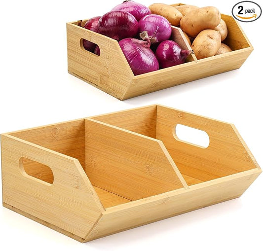 2 Set Bamboo Storage Bins, Pantry Organizers and Storage, Kitchen Countertop Organization and Storage Basket for Produce, Onions, Potatoes, Garlic, Fruits, Vegetable and Bread by Unknown
