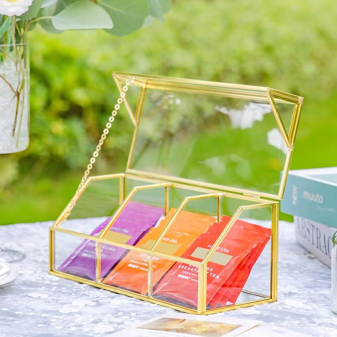 NCYP Glass Tea Bags Organizer with Lid, Small 3 Slots Teabag Storage Box, Indoor Counter Teabag Display Case, Kitchen Cabinet Gold Decor, 8.7 x 3.6 x 3.66 Inches (Glass Box Only) - Image 7