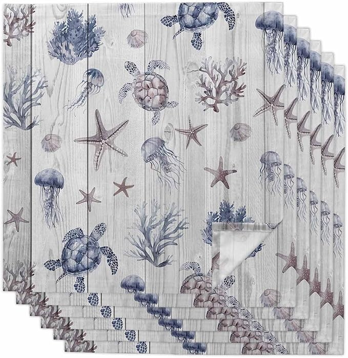 Coastal Starfish Cloth Napkins Set of 6 - Ocean Turtle Seashells Jellyfish Wood Grain Washable Dinner Napkins Reusable Table Napkins for Party Weeding Dining Table Setting Decoration,Oversized 20"x20" by Unknown