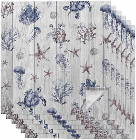 Coastal Starfish Cloth Napkins Set of 6 - Ocean Turtle Seashells Jellyfish Wood Grain Washable Dinner Napkins Reusable Table Napkins for Party Weeding Dining Table Setting Decoration,Oversized 20"x20" by Unknown