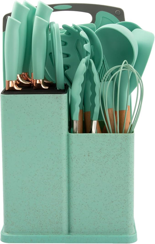 19-Piece Kitchen Utensils Set - Silicone Cooking Utensils, Non-Toxic Spatula Set, Kitchen Tools, Cutting Board, Cooking utensils set (Green) by DANFFI