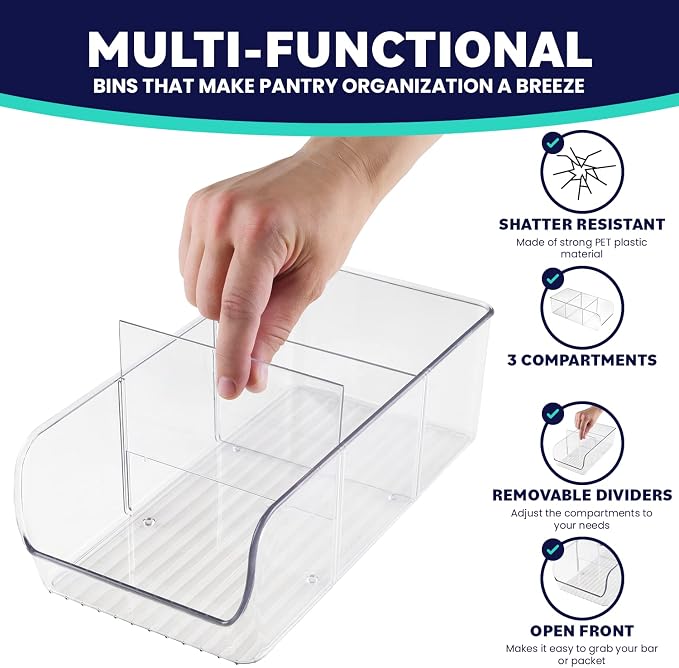 ELTOW 4-Pack Snack Organizer, 3-Compartment Plastic Bins with Removable Dividers, Chip & Food Storage for Pantry, Spices, Fridge, and Cabinet - Image 3