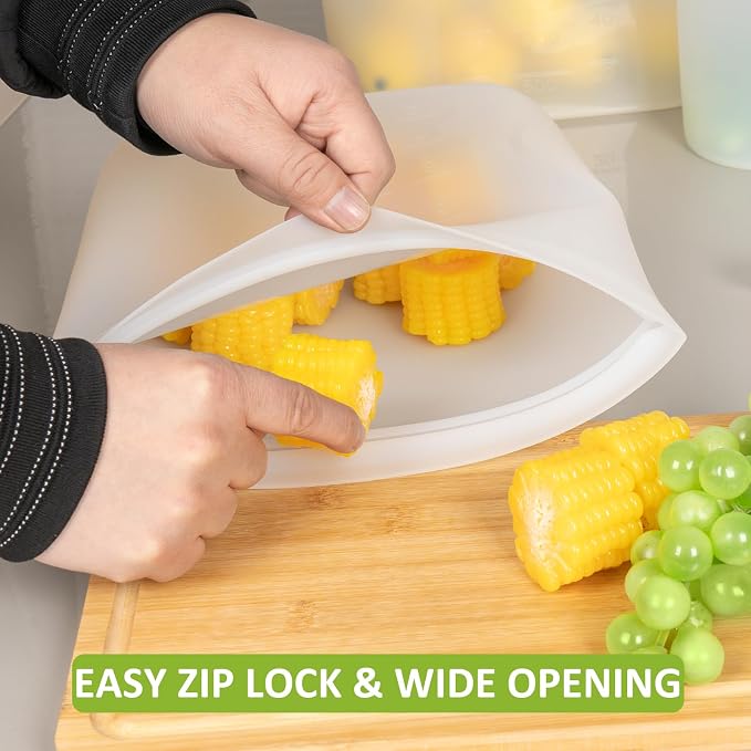 Reusable Storage Bags, Set of 2 Large Sizes, 8 Pack 100% Silicone Food Storage Bags Stand Up Zip Lock Bag for Food, Freezer Microwave Oven Dishwasher Safe, 4 XL-4/5 Gallon, 4 L-1/2 Gallon, Translucent - Image 5