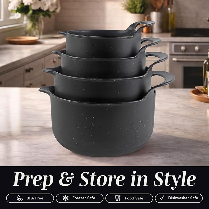 COOK WITH COLOR Nesting Plastic Mixing Bowl Set with Pour Spouts and Handles, Black Speckled, 4 Piece Non-Slip - Image 3