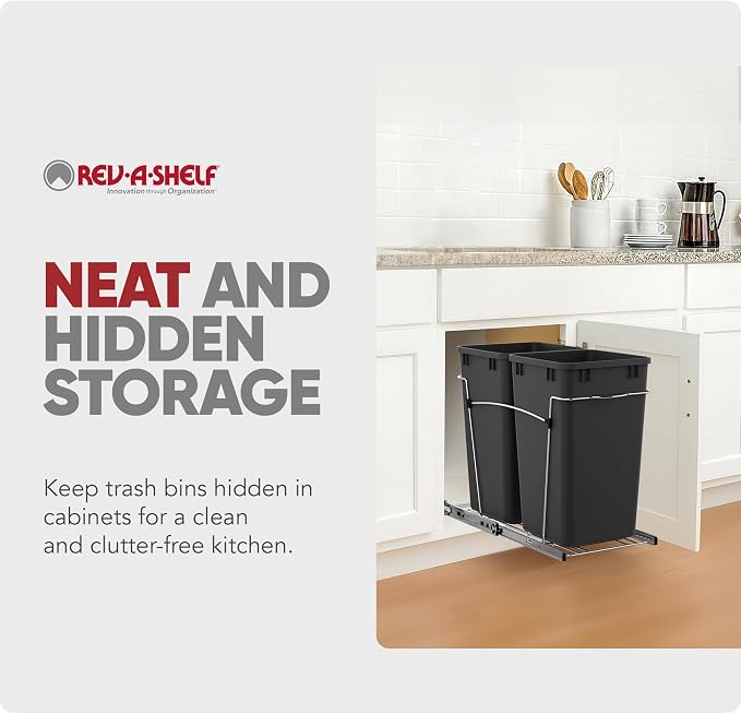Rev-A-Shelf Double 27 Qt Pullout Trash Can for Base Kitchen Cabinets, Garbage Waste Bin System with Full Extension Slides, Min Opening Width of 11.5", Black, RV-15KD-18C S - Image 5