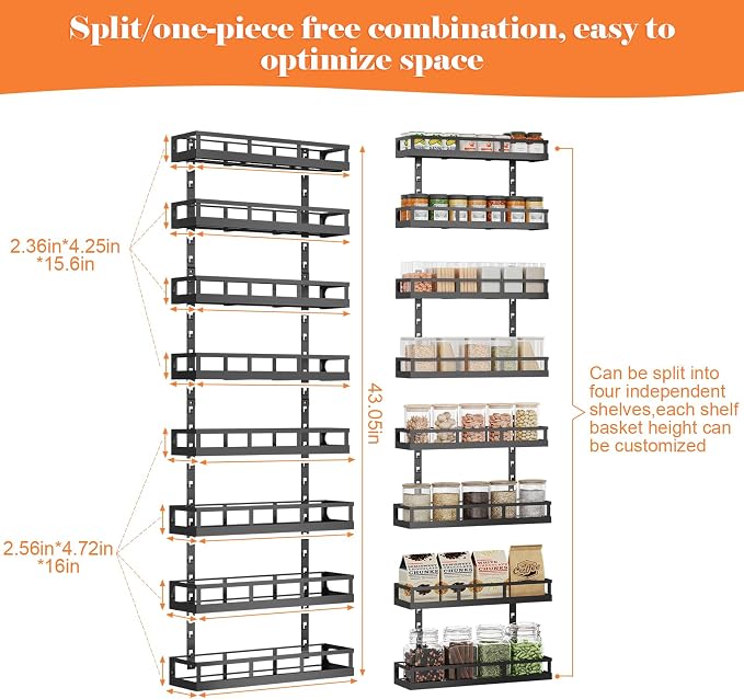 X-cosrack 8-Tier Adjustable Spice Rack – Wall-Mounted Space-Saving Organizer with Mixed Baskets, Large-Capacity Seasoning Holder for Kitchen & Pantry (Black) - Image 7