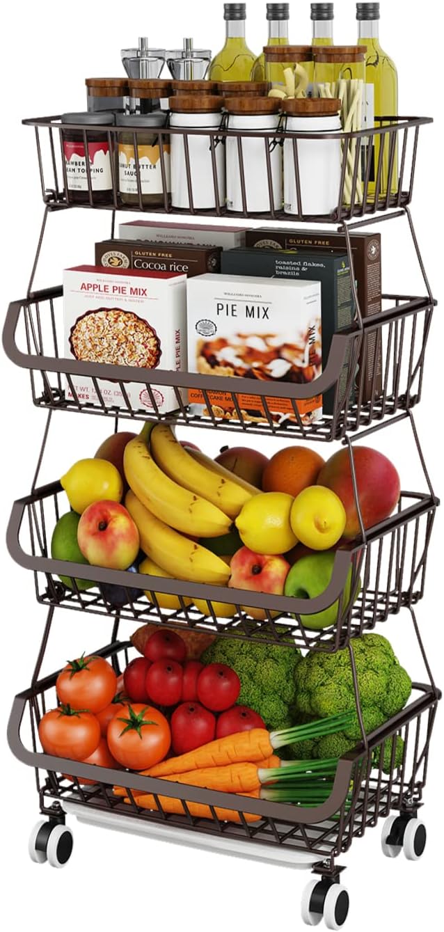 Fruit Vegetable Storage Basket for Kitchen - 4 Tier Stackable Metal Wire Baskets Cart with Rolling Wheels Utility Fruits Rack Produce Snack Organizer Bins for Pantry Bathroom Laundry Bronze by MiyawellOfficial