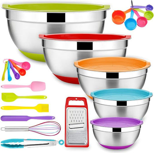 22-Piece Mixing Bowls with Lids & Accessories Set, E-far Stainless Steel Nesting Bowls with Colorful Covers & Non-Slip Bottoms, Metal Bowls for Cooking/Baking/Serving/Storage - Size 7/3.5/2.5/1.5/1 QT by E-far
