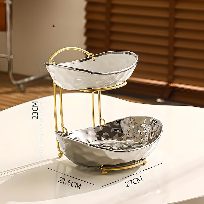 XUDREZ 2 Tier/ 3 Tier Fruit Bowl with Metal Stand for Kitchen Counter, Ceramic Gold Silver, Portable Tiered Fruit Basket Fruit Rack for Nuts, Snacks, Bread, Candy Storage (Silver, 2 Tier) - Image 2