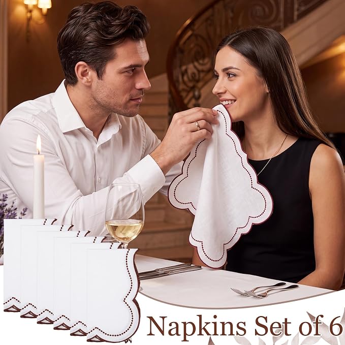Hahafelt Cloth Napkins 18x18inches Scalloped Embroidery Cloth Napkins Washable Polyester Table Dinner for Hotel Restaurant Weddings Events Parties(Rust Red,6 Set) - Image 7