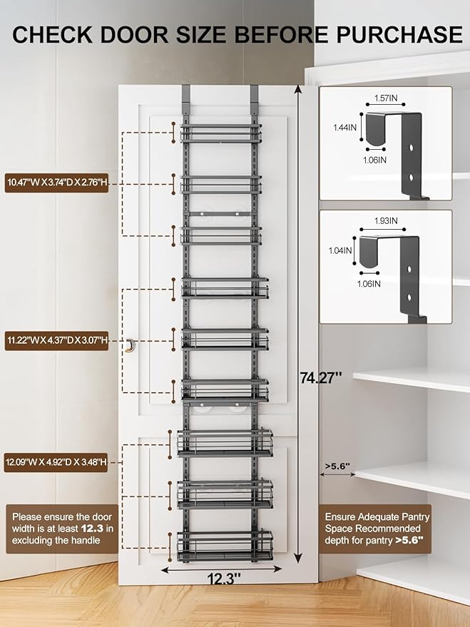 Delamu 9-Tier Over the Door Pantry Organizer, Adjustable Pantry Door Organizers and Storage, Metal Hanging Basket Wall Spice Rack Seasoning Organizer, Door Organizer Kitchen Bedroom Bathroom,12"Black - Image 2