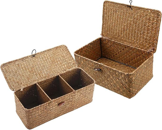 TOOSOAR® 2 Piece Wicker Storage Basket, Wicker Basket Lid with Lid, Rectangular Wicker Basket with Compartment for Organizing Snack Toys by TOOSOAR