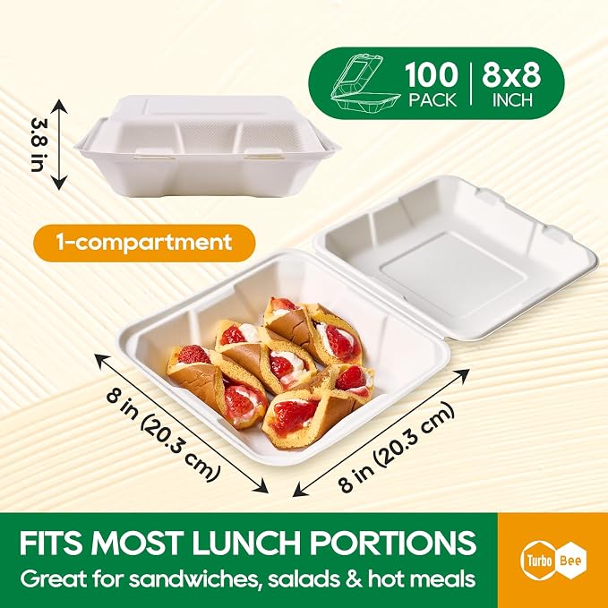 Turbo Bee 100 Pack 8x8inch White Compostable Take Out Containers with Lids, Disposable Clamshell Food Containers, Large To Go Boxes for Restaurant, Catering, Meal Prep & Food Service-White - Image 2