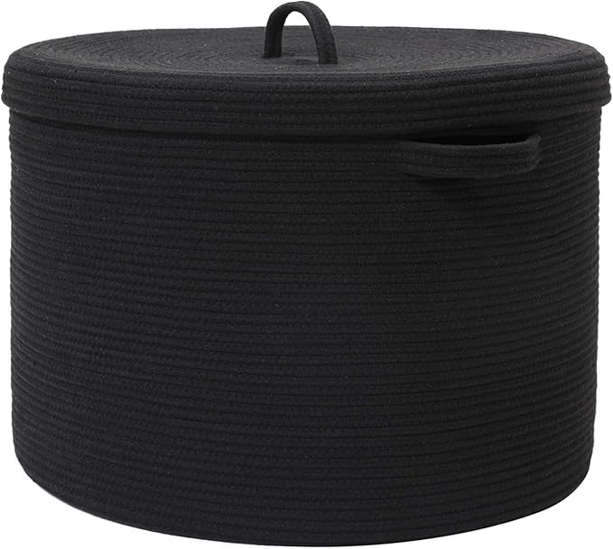 20x15 Inch Extra Large Round Cotton Rope Storage Basket with Lid, Decorative Woven Bin with Cover for Living Room Bedroom Closet, Black by Cottonphant
