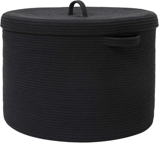 20x15 Inch Extra Large Round Cotton Rope Storage Basket with Lid, Decorative Woven Bin with Cover for Living Room Bedroom Closet, Black by Cottonphant