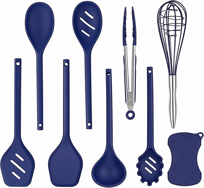 Kitchen Utensils Set,9 PCS Silicone Cooking Utensils Set Spatula Set,Tongs,Spoon,Whisk,Brush,Dishwasher Safe Kitchen Gadgets for Non-Stick Cookware,Home Essential，Kitchen Appliances(Navy Blue) by Rvxesaw