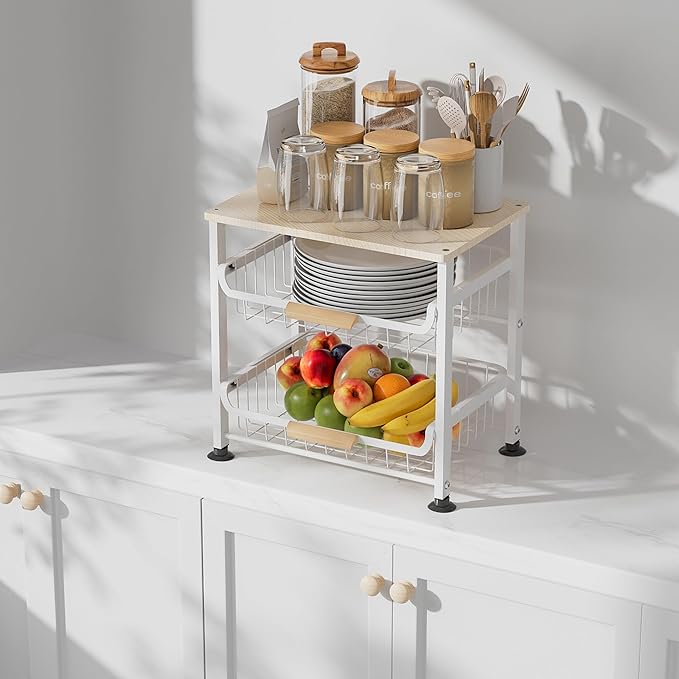 NiuYichee 3-Layer Kitchen Fruit Storage Basket Snack Rack, countertop Storage Rack, Stackable Storage Rack with Desktop, Pull-Out Hollow Metal Storage Basket with Handle, Kitchen Organizers & Storage - Image 2