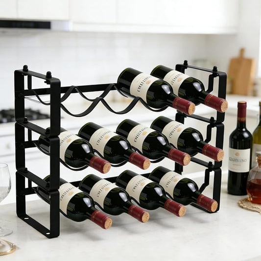 Wine Rack for Countertop – Stackable Freestanding Bottle Organizer for Kitchen, Pantry, Bar Cabinet & Small Spaces – Compact Metal Shelf & Modular Storage Stand (3-Tier) by HRUSGO