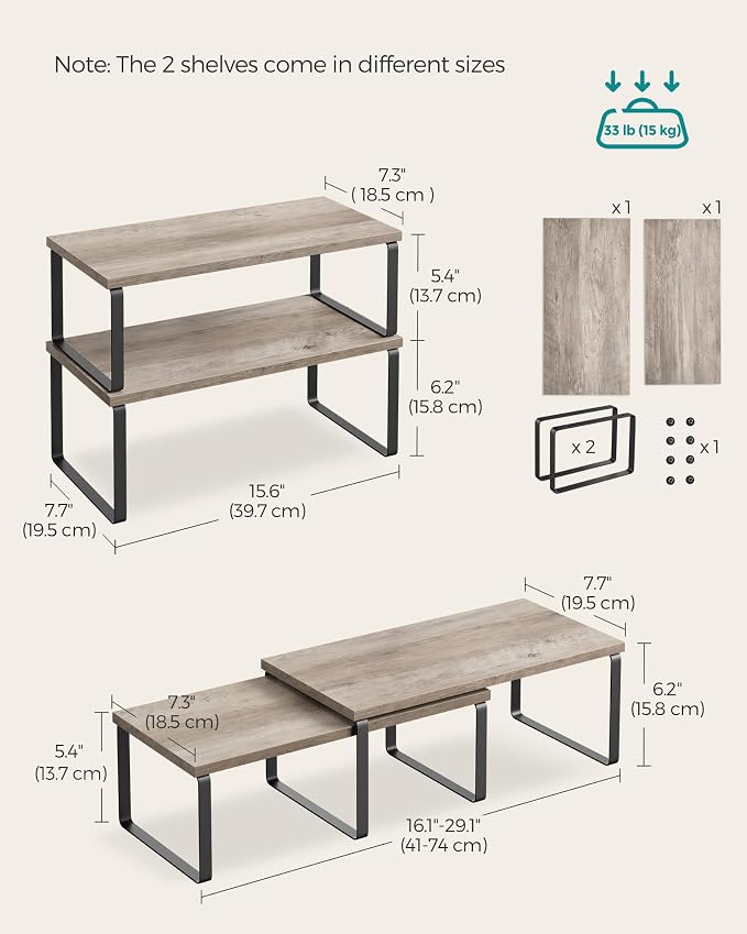 SONGMICS Cabinet Organizer Shelf, Set of 2 Kitchen Counter Shelves, Kitchen Storage, Spice Rack, Stackable, Expandable, Metal and Engineered Wood, Ink Black and Heather Greige UKCS200X02 - Image 6