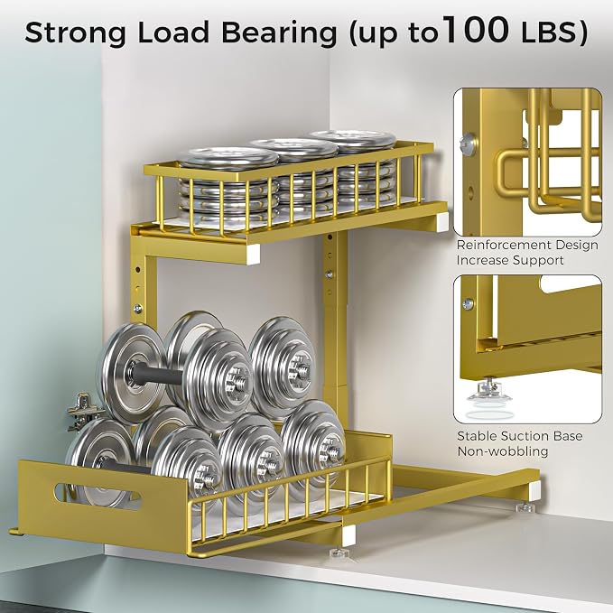 L-Shaped Under Sink Organizer, 2-Tier Pull-out Cabinet Rack 1-Pack | Gold Height-Adjustable Metal Rack, Sliding Grid Drawers with Safety Stopper, Holds 100 Lbs, Ideal Kitchen Cabinet Storage - Image 5