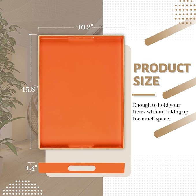 Orange Decorative Tray for Coffee Table, Serving Tray with Handles | Plastic Melamine Tray, Modern Ottoman Tray, Rectangular Countertop Organizer Tray for Living Room, 15.8"L x 10.2"W x 1.4"H - Image 2