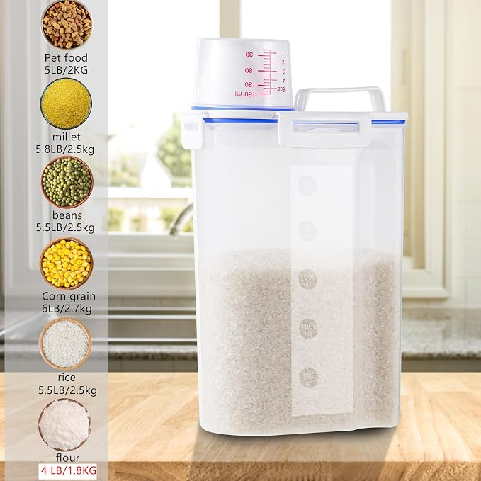 4 Pcs 5 lb Rice Dispenser Flour Storage Container, Airtight Dry Food Storage Bin with Pouring Spout & Measuring Cup, Kitchen Pantry Plastic Clear Jars for Oatmeal, Grain, Cereal, Pasta, Dog Pet Food - Image 3
