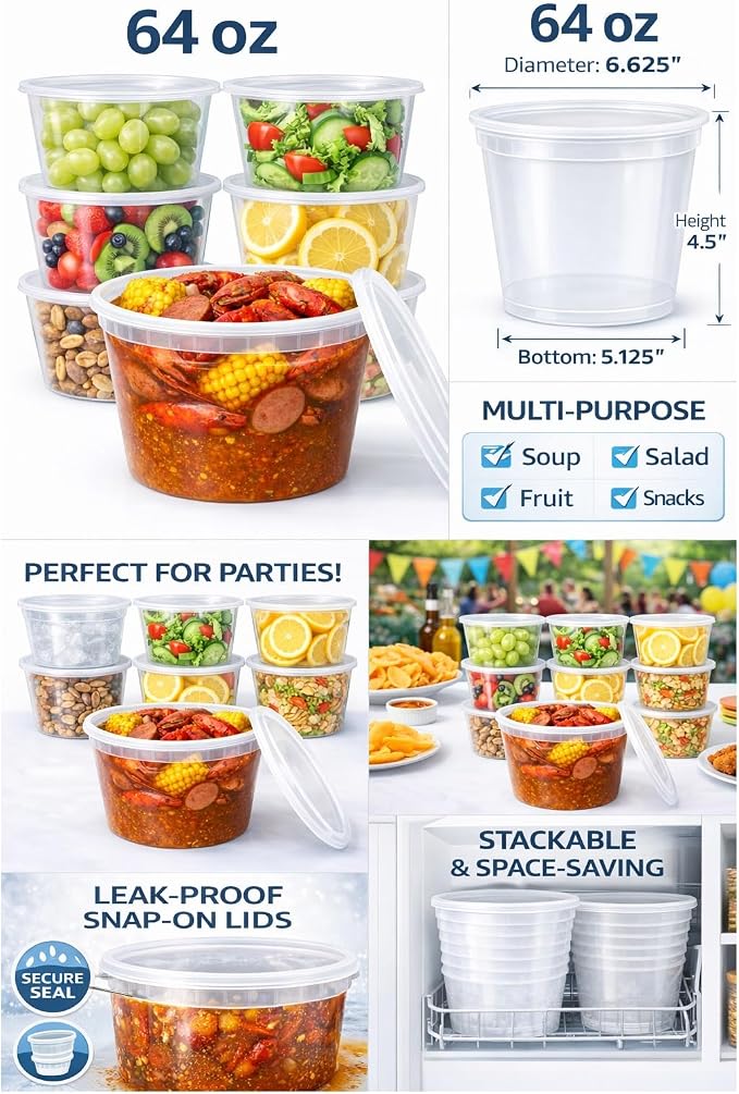 64 oz [8-Pack] BPA Free Microwavable Plastic Deli Containers with Lids | Leak-resistant, stackable and freezer-safe design keeps soups, leftovers and large portions fresh - Image 5