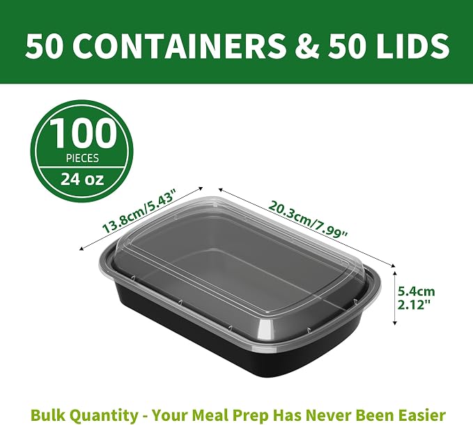 24oz Meal Prep Containers, 50 Pack Disposable Food Storage Boxes with Lids | Heavy Duty, Single Compartment, Leakproof Lids, BPA Free, Microwave Freezer Safe, Plastic To Go Bento Boxes for Lunch Takeout - Image 2