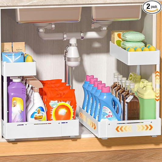 YJHome 2 Pack Expandable Under Sink Organizer, 2 Tier Pull Out Cabinet Organizer with Smooth Ball Bearing Slides, Adjustable Height Cabinet Storage Shelves for Kitchen, Bathroom, Laundry, Pantry by YJHome
