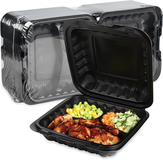 55-Pack 34oz 8x8 Black To Go Boxes - Shrink Wrapped Ready To Use | 3-Compartment MFPP Clamshell Container | Heavy Duty BPA Free, Microwave Safe | Takeout Box for Meal Prep, Leftover & Party by FRESHPAK