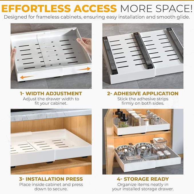 1pack Pull Out Under Sink Organizer – Expandable Sliding Cabinet Shelf for Kitchen, Bathroom, Pantry – Heavy Duty Metal Storage Rack for Cleaning Supplies and Bottles (White, 12.5-19.6 x 17 Inch) - Image 6