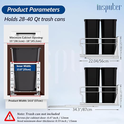 Insputer Dual Pull Out Trash Can Under Cabinet with Soft-Close Slides, Heavy Duty Under Sink Trash Can Kit for Kitchen Sink, Laundry, Garbage Can Not Included, Requires 17" W X 24" D Cabinets - Image 2