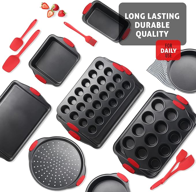 Baking Pan Set, 15 Piece Premium Nonstick Bakeware Sets BPA Free, Cookie Sheets Nonstick Steel Baking Sheets for Oven with Muffin Pan, Cake Pan & Kitchen Utensils - Black - Image 6