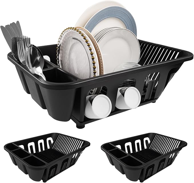 KOOMADE 2-Pack Large Dish Drying Rack for Kitchen Counter -Dish Drainer Set with Drainboard Heavy Duty Plastic Counter Organizer for Dishes, Cups, Knives, Spoons and Forks, Made in USA (Black) by KOOMADE