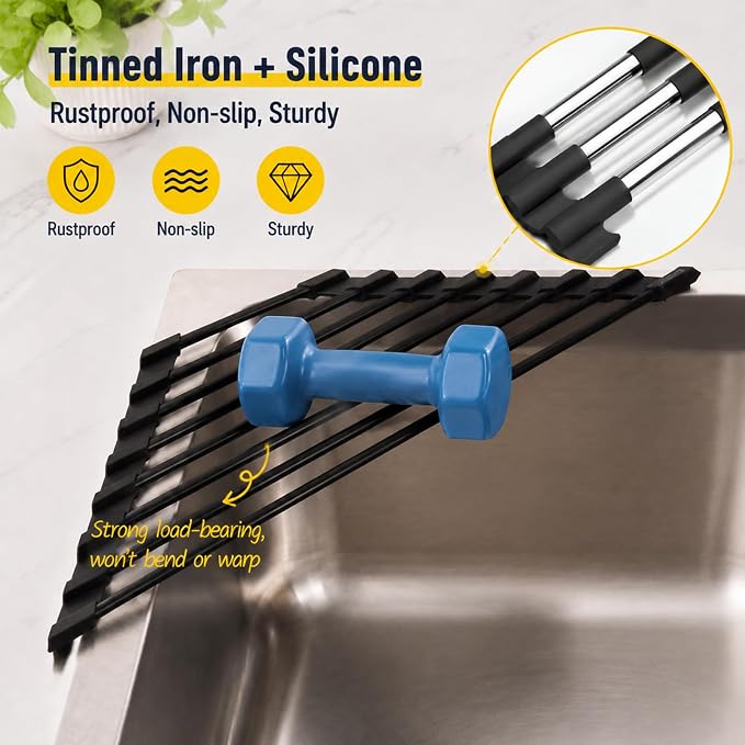 Triangle Roll-Up Dish Drying Rack for Sink Corner, Silicone Coated Metal Draining Board Rack, Space-Saving Drying Rack Kitchen, Multipurpose Plate Rack Sink Drainer for Kitchen Storage & Organisation, - Image 4