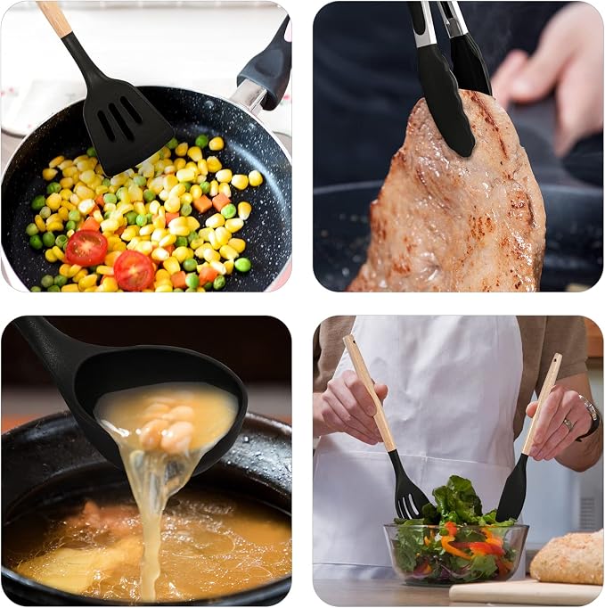 Non-Stick Silicone Cooking Utensils Set, 5 Pcs with Wooden Handle, Heat Resistant Silicone Kitchen Gadgets (Black) - Image 5