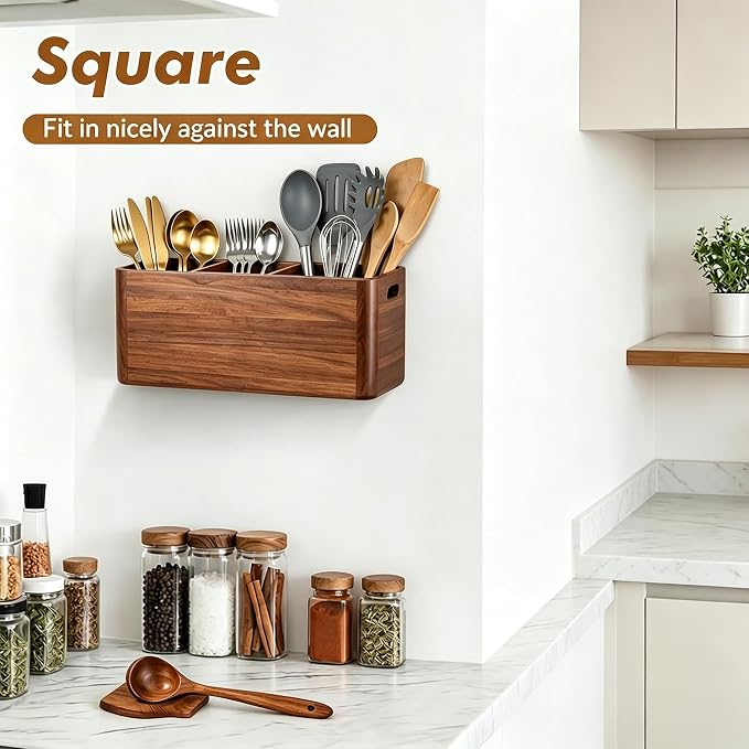 Kitchen Utensil Holder for Counter or Countertop, Extra Large Acacia Wood Organizer with 4 Compartments, Wooden Utensil Holder for Cooking and Silverware, Rustic Wood Container Sturdy Utensil Crock - Image 6