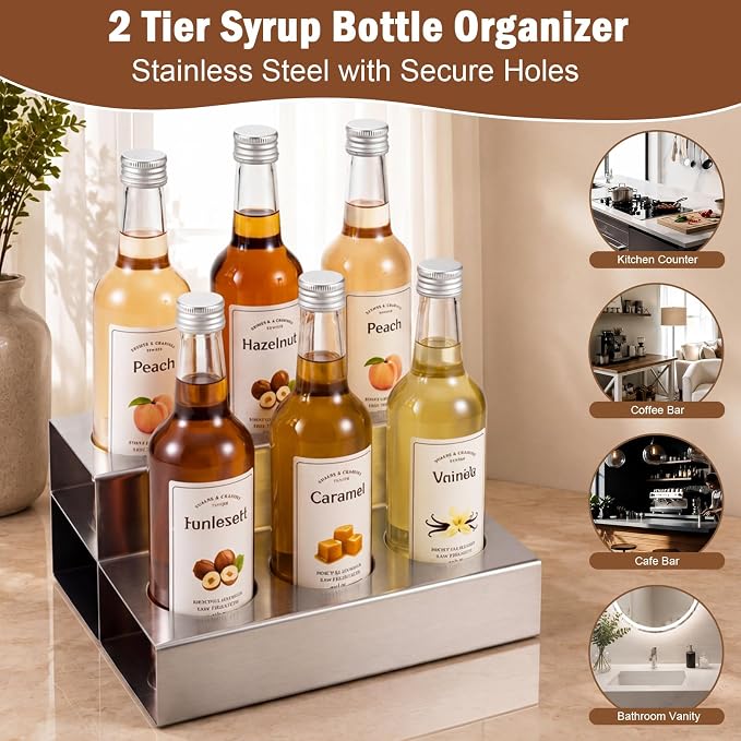 Novabright 2 Tier Coffee Syrup Rack Organizer, Stainless Steel Syrup Bottle Holder for Coffee Bar, 6 Bottle Commercial Rack for Cafe Countertop, Cafe Station Storage Organizer, 10" D x 12" W x 4" H - Image 6