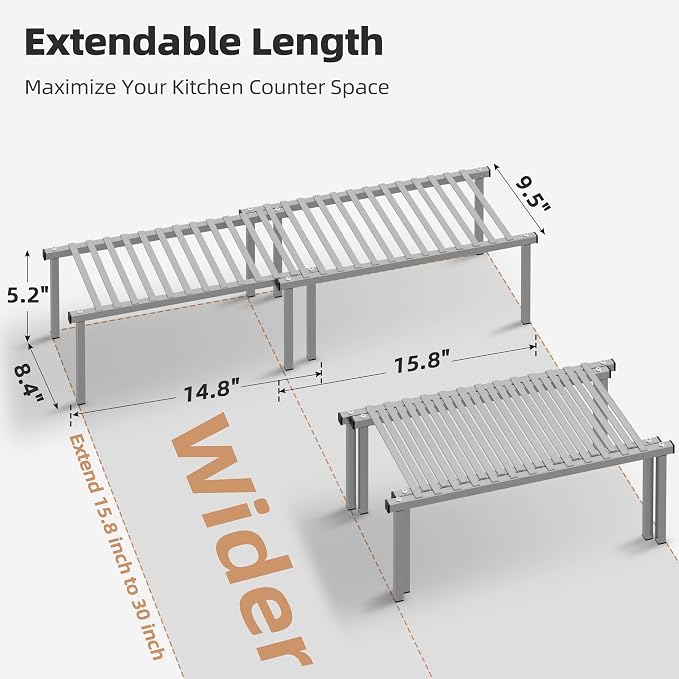 STORAGE MANIAC Expandable Cabinet Organizer Shelf, Set of 4, Gray | 15.8 inches Expandable, Stackable Wire Shelf, Spice Rack, Metal Pantry Storage for Plate Dish, Kitchen Counter Shelves - Image 2