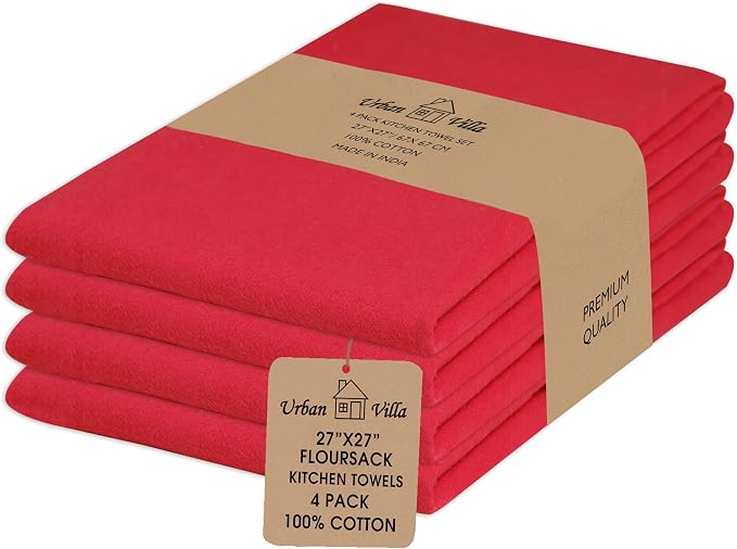 Urban Villa Kitchen Towels Cotton Dish Towels 27”x27” (Set of 4) Red by CottonTrends
