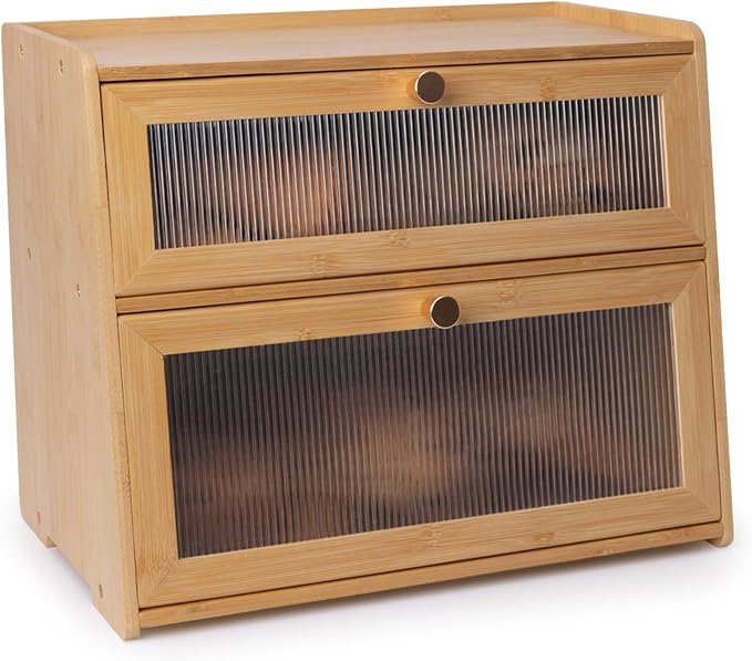 Bamboo Bread Box with golden knobs breadbox for Kitchen Countertop Double Layer Wooden Breadbox Vitamin Bottle Organizer Supplement Bottle Organizer Non-Toxic & Food-Safe (Assembly needed) by Unknown