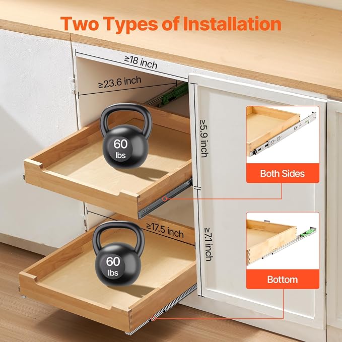 VEVOR Pull Out Cabinet Organizer, 17"W x 21"D Cabinet Drawer, Soft Close Slide out Shelf, Heavy-Duty Sliding Wood Drawer, Bottom Mount Size（17.5"W x 23"D）and Side Mount Size（18"W x 23"D） - Image 5