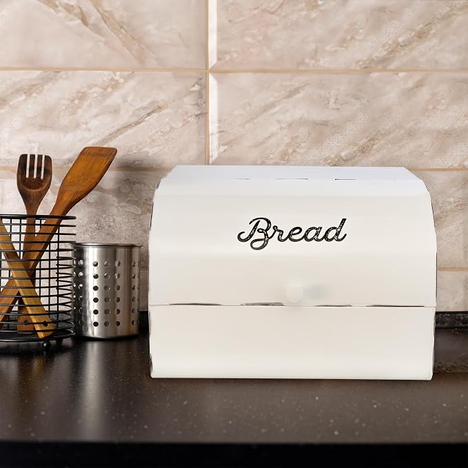 AuldHome Design Large White Bread Box; Farmhouse Enamelware Vintage Style Family Size Countertop Bread Bin - Image 8