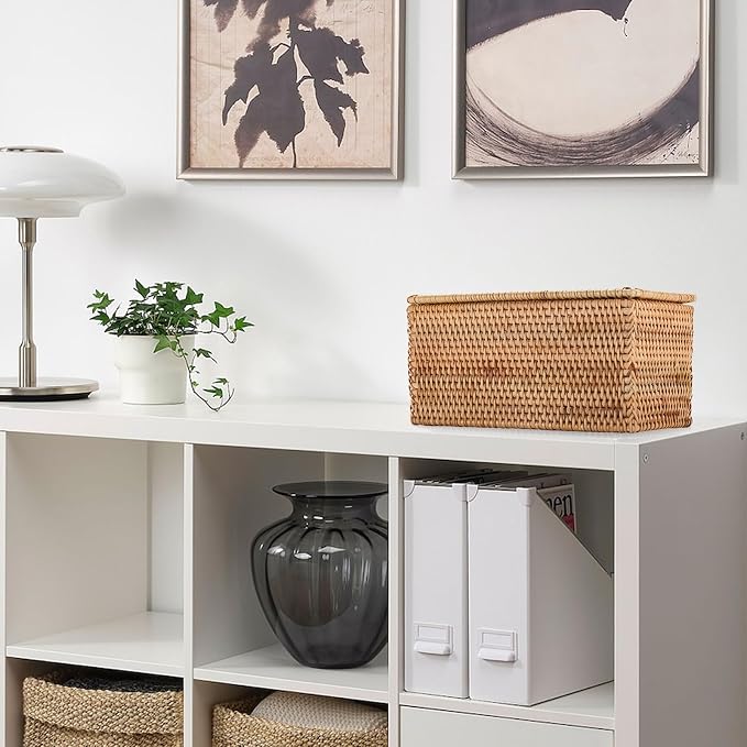 Hipiwe Rattan Basket Storage Box with Lid Handwoven Lidded Wicker Baskets | Decorative Baskets Bin Rectangular Household Baskets for Shelf Organizing Home Decor, 11.8"Lx6.2"Wx6.1"H - Image 5