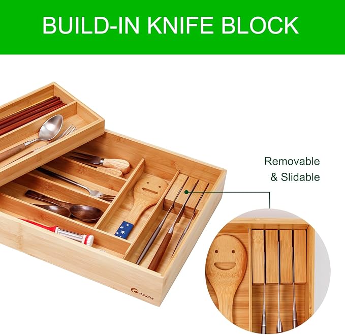 COIWAI Double Layer Bamboo Drawer Organizer Cutlery Utensil Silverware Drawer Organizer, cutlery Silverware Tray for Drawer, Utensil Holder Drawer Dividers for Flatware (L: 16.85 × 12.2 in) - Image 4